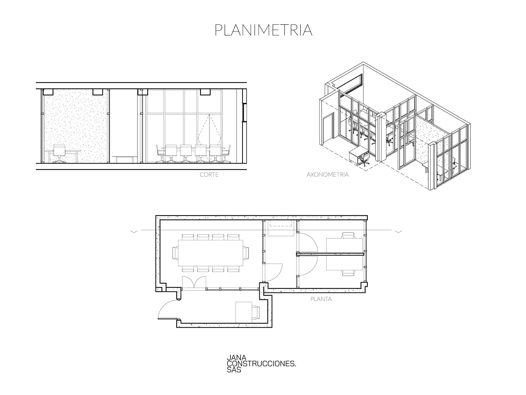 Planimetría del proyecto — planta, corte y axonometría